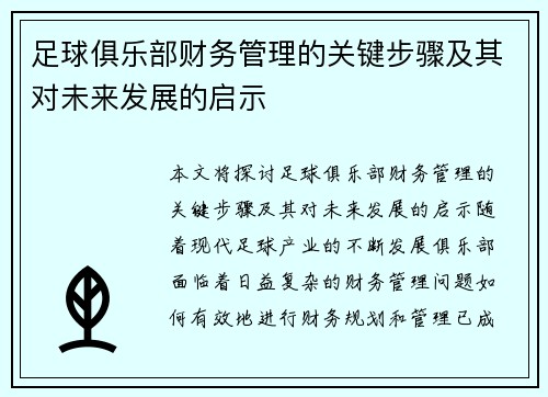 足球俱乐部财务管理的关键步骤及其对未来发展的启示