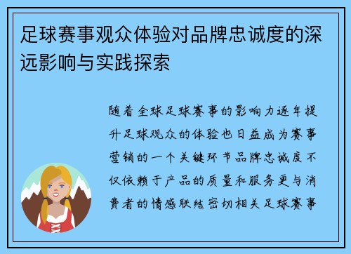 足球赛事观众体验对品牌忠诚度的深远影响与实践探索